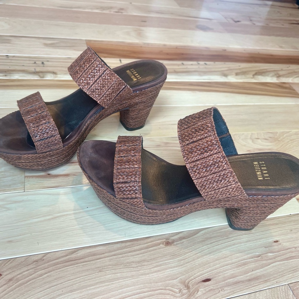 Stuart Weitzman Brown Platform Sandals with Woven Straps